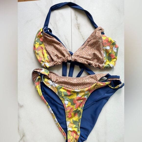 New free people free est reversible navy floral printed bikini set - Picture 1 of 6